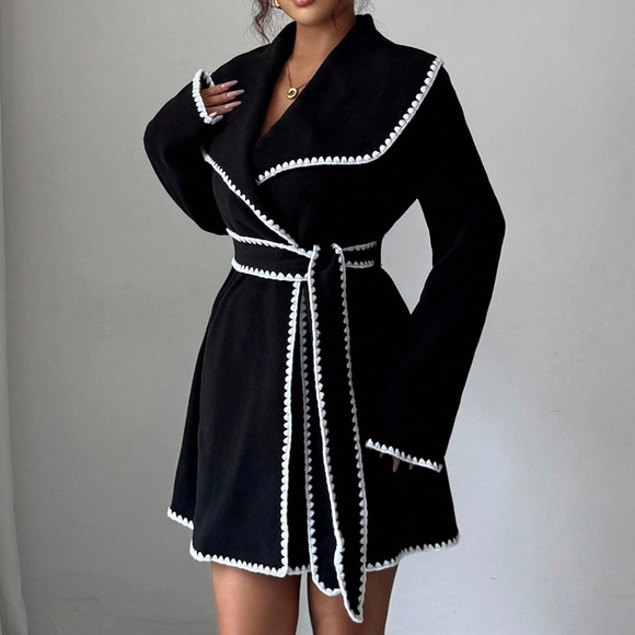 Solid Wide Collar Color block Belted jacket Coat - Picture 3 of 8